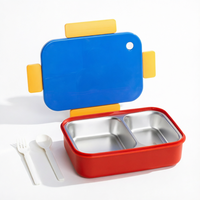 Boîte à bento colorée en acier inoxydable pour enfants, étanche, avec 2 compartiments, portable, avec cuillère et fourchette pour les écoliers