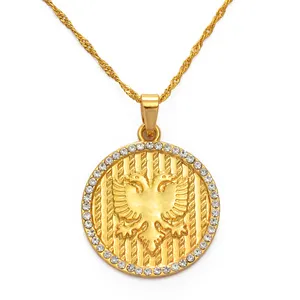 Runder Strass Albanien Adler Anhänger Halsketten Gold Farbe Albanische Charms National Jewelry #231806