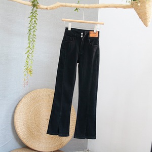 Flared Jeans Mid Waist Straight Leg Regular Fit Double Button <b>Stretch</b> <b>Denim</b> Women's Pants Retro Slit Colored Wash - Product Image 4