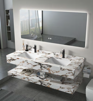 Ensemble de meuble-lavabo moderne luxueux à double couche, design personnalisé en dalle de roche, comptoir en céramique mural, LED