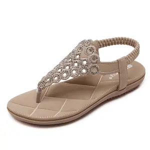 Kadın moda yaz Bohemia taklidi boncuk Flip-flop ayakkabı düz sandalet