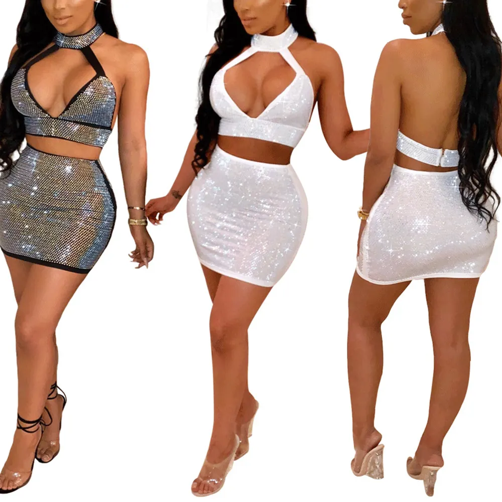 Latest designer reflective crop top and bodycon mini skirt two piece set women clothing ladies club wear sexy summer dresses