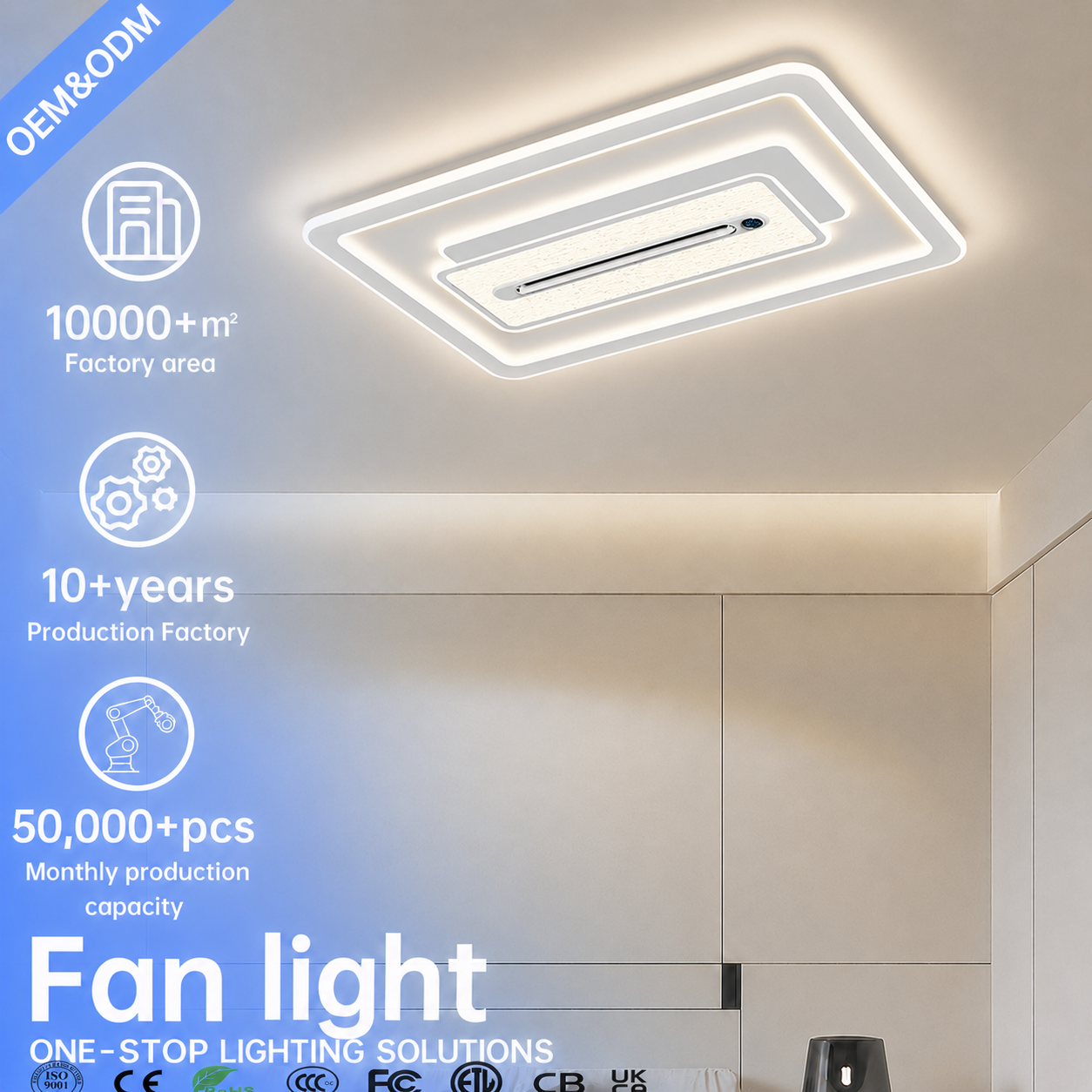 Modern Rectangular LED Ceiling Fan Light with Remote Control, Flush Mount Fan Lamp for Bedroom Living Room Hotel Ceiling Light