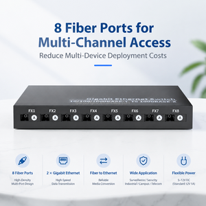 Convertisseur de média fibre optique Gigabit 2GE 8FX, 2 ports Ethernet, 8 ports transceiver fibre optique, DC12V 1A - Product Image 1