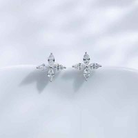 Orecchini a lobo con diamante a taglio marquise a quattro foglie in cristallo, in oro bianco 18K, con diamante coltivato in laboratorio, orecchini a lobo piatti, orecchini in oro