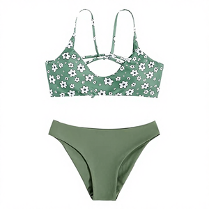 Conjunto de bikini con estampado floral para mujer, top cruzado con cuello halter, parte inferior sólida, traje de baño de 2 piezas, traje de baño elástico - Product Image 4