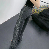 DiZNEW Jeans skinny élastique taille moyenne, décontracté, incrustations de briques, jean slim de grande taille avec bouton en dentelle et nœud à pampilles