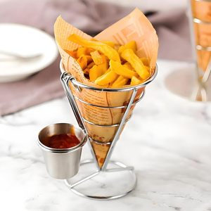 Support à frites, panier conique en acier inoxydable pour cornets de glace, présentoir alimentaire, support à chips avec ensemble de coupelles à sauce - Product Image 2