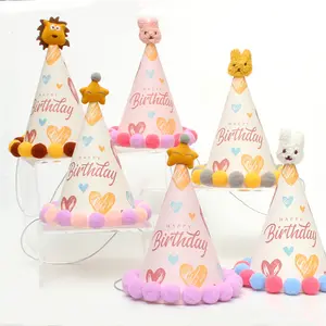 Wholesale Kids Cartoon Animal Birthday Hat Party Decoration Cute Pom Pom Hat Kid Adult Baby Individual Packing