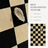 Toile d'art à motif damier optique avec texture tridimensionnelle de feuille sculptée, noir et crème, peinte à la main, décoration murale, vente en gros