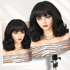 Perruque courte bouclée avec frange pour femmes, texture Yaki, cheveux humains ondulés, <span class=keywords><strong>sans</strong></span> colle et résistante à la <span class=keywords><strong>chaleur</strong></span>, pour un usage quotidien et les événements - Product Image 6