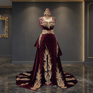 Vestido de Noche Largo de Terciopelo Borgoña con Bordado Floral Natural, Pliegues y Cuentas, Cola Larga y Superposición de Encaje para Fiesta Formal - Product Image 3