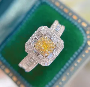 Yellow Color Big Square Shape Diamond White Color Luxury Diamond 18K Gold Ring