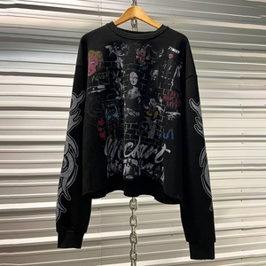 T-shirt thermique en maille gaufrée personnalisé, en coton épais, à épaules tombantes, avec imprimé graphique graffiti sur toute la surface, manches longues en maille gaufrée - Product Image 1