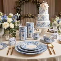 Assiettes de dîner en céramique bleu méditerranéen et blanc, bord festonné, service de vaisselle vintage en porcelaine, pour mariage, événement, assiette de présentation pour hôtel