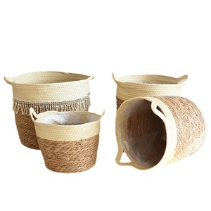 Panier à plantes en jonc de mer tressé 20-35L, panier de rangement rond sur pied pour intérieur - Product Image 5