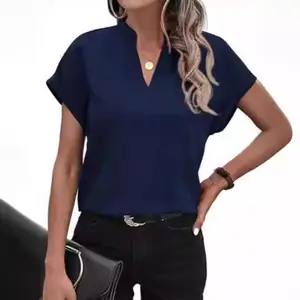 Blusa feminina de manga curta, camisa de linho com decote em V e manga curta, blusa sexy para mulheres de verão, novidade de 2024