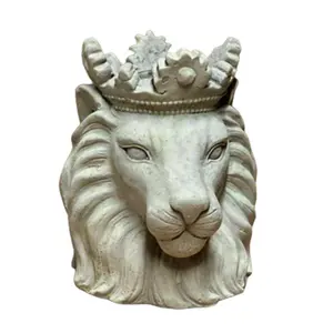 कस्टम कंक्रीट उद्यान शेर सिर बोने की मशीन शेर राजा क्राउन फूल बर्तन के साथ मूर्ति शेर सिर मूर्तिकला पशु पॉट बोने की मशीन के लिए