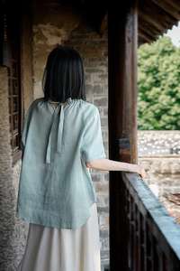 Chemise en <span class=keywords><strong>lin</strong></span> respirante pour femme-Haut à col froissé avec texture transparente - Product Image 5