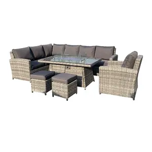 Bộ Đồ Nội Thất Sân Vườn Ngoài Trời Bằng Mây Sang Trọng Màu Xám Đậm Bộ Ghế Sofa Ghế Dài 9 Chỗ Với Hố Lửa Vuông Bàn Ăn Thấp