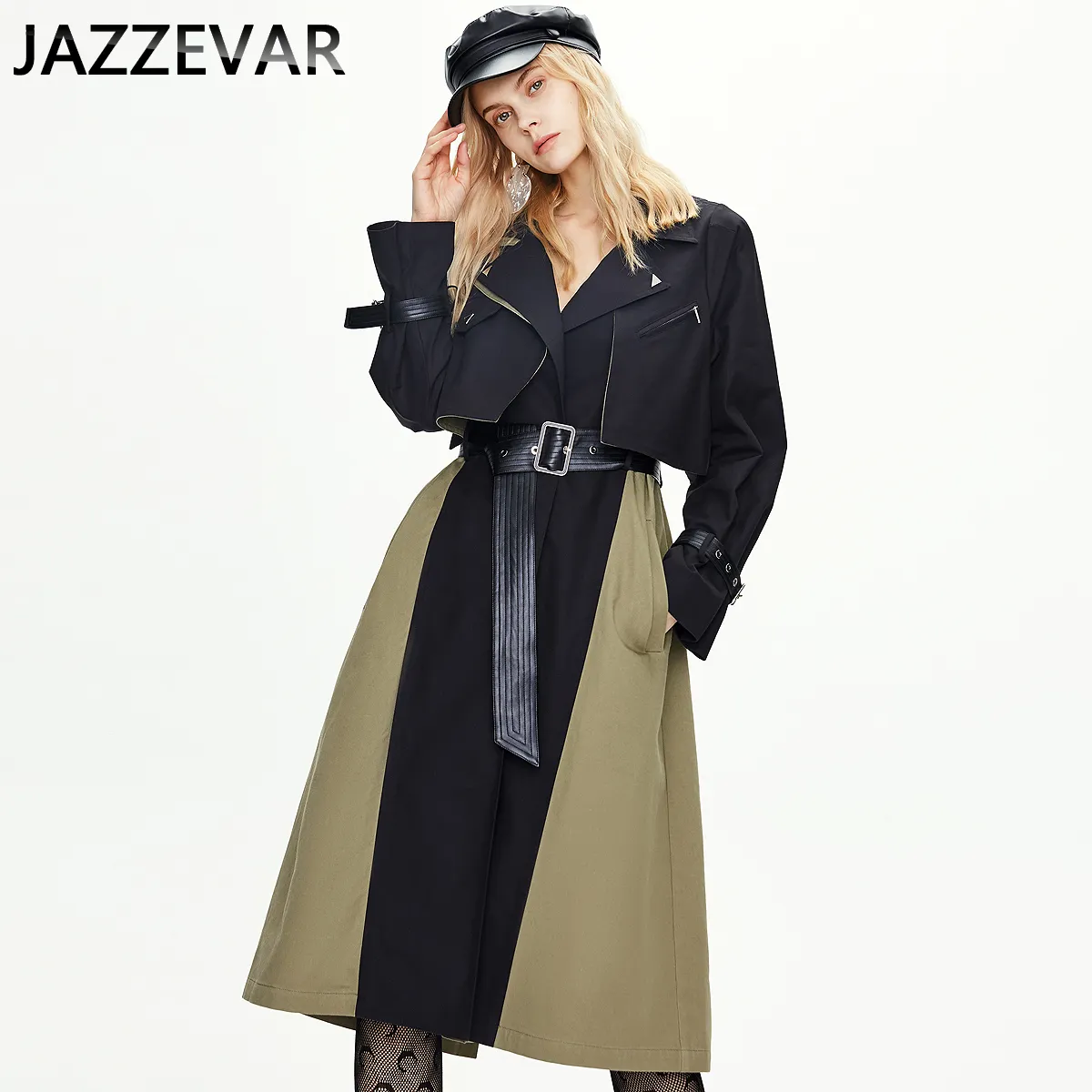 Factory special limited stock knee length elegant fashion patchwork slim belted long trench coat for women leather Jacket