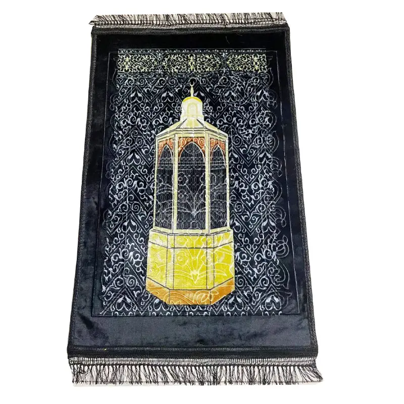 Estera de oración con flecos de 80x120cm, tapete de color negro musulmán con estampado en relieve Raschel ajadah, precio de fábrica, venta al por mayor