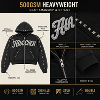 Sweat à capuche zippé personnalisé pour homme, style Y2K gothique, avec strass et clous, effet délavé à l'acide, broderie et patchs appliqués