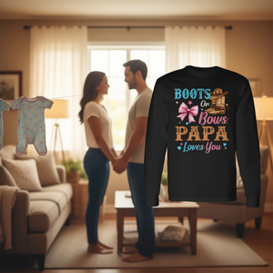 Maglietta a maniche lunghe per la famiglia con stampa Boots Or Bows Papa Loves You Gender Reveal - Product Image 3