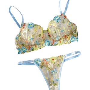 Ensemble de lingerie sexy avec soutien-gorge push-up à armatures et broderie florale en V profond, et culotte transparente érotique - Product Image 5