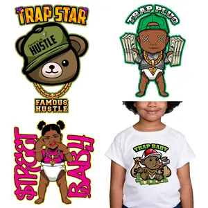 Etiquetas de impresión de ropa, fabricante Hustle Bear, logotipo personalizado, pegatinas de transferencia térmica de Plastisol de vinilo para camiseta