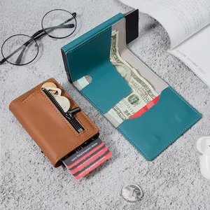 Anti-theft Rfid Protection Wallet Real Leather Metal Business Card Holder Wallet Aluminum Pop Up Smart Card Holder with Zipper