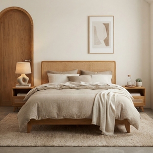 Ensemble de lit plateforme en bois massif avec tête de lit en rotin moderne, lit king-size, ensemble de meubles de chambre en bois - Product Image 3
