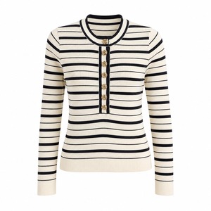 Classic Striped Knitted Eco-Friendly Vintage <b>Cardigan</b> Women Lantern Sleeve Crew Neck <b>Lace</b> Front Elegant Top Regular Fit Autumn - Product Image 3