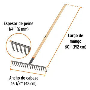 Rastrillo recto de 16 dientes con mango Truper 60' - Product Image 2