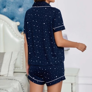 Pyjama d'été en coton personnalisé avec imprimé petites étoiles et passepoil contrastant, ensemble loungewear en <span class=keywords><strong>bambou</strong></span> à manches courtes pour femme - Product Image 5
