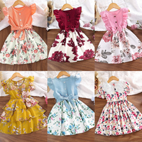 Robe midi décontractée pour filles, manches courtes bouffantes, imprimée en coton/polyester, pour anniversaires et fêtes, 2-12 ans, en stock, vente en gros