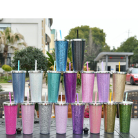 Gobelet isotherme personnalisé en tissu pailleté, double paroi, en plastique écologique, 24 oz, avec couvercle à paillettes en acrylique et paille, maintien thermique 6-12h, idéal comme cadeau