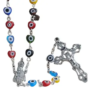 8mm Evil Eyes Beads Rosary Catholic Necklace with Fatima Center piece