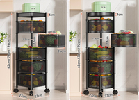 Chariot de rangement roulant à 3/4/5 niveaux avec couvercle supérieur, panier en fil métallique pour fruits et légumes, étagère de rangement rotative avec roulettes