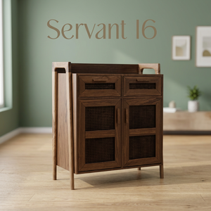 Meuble de rangement de salon en bois massif noyer foncé grande capacité avec portes en rotin, buffet moderne - Product Image 2