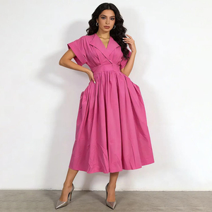Nouvelles robes décontractées à col en V et coupe trapèze pour grandes tailles, design plissé, couleur unie, robes pour filles, robe midi élégante à manches courtes et larges. - Product Image 1