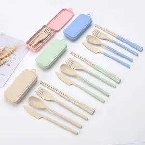 Portable Detachable 4PCS Spoon Fork Knife Chopsticks Set Wheat Straw Flatware 4pcs Folding Portable Cutlery Set With Case