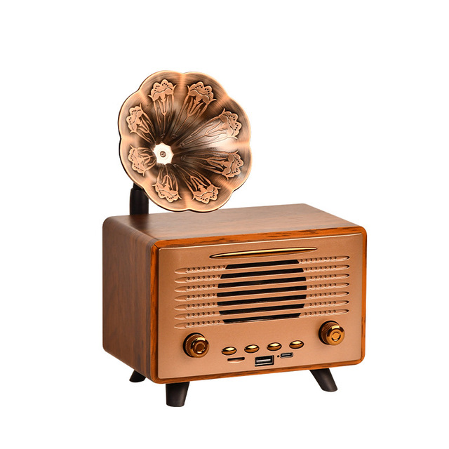 G3000 Retro Horn Flower for 5.3 Wireless Desktop Wooden Plug-in Card Speaker Built-in Battery High Sound Quality FM Radio