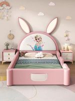 Lit enfant Lapin de dessin animé pour chambre d'enfant, design moderne, en cuir rose, taille simple (Lit simple)