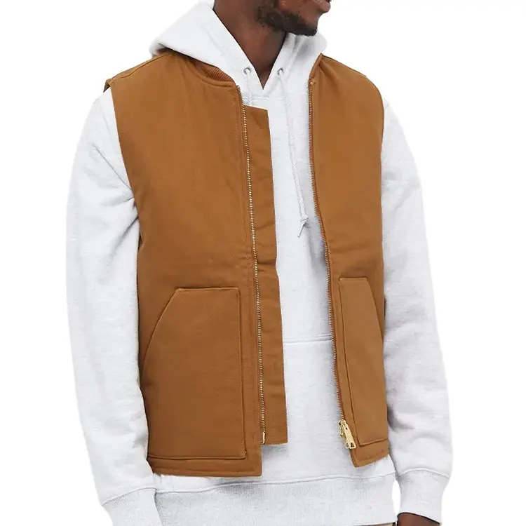 Metro cotton canvas men zip vests patch pockets ribbed collar custom mens utility vests