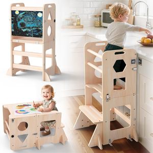 4-in-1 Toddler Standing Tower Anti-Tip,Toddler Kitchen <b>Step</b> <b>Stool</b> with Blackboard, Foldable Wooden for Kids - Product Image 1