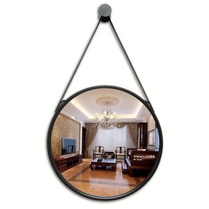 Miroir mural suspendu en verre de forme ronde avec cadre en métal noir et sangle en cuir vintage de grande taille pour la décoration de la maison en gros - Product Image 2