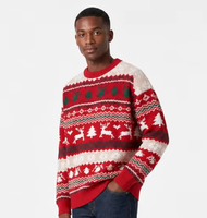 Pull en maille personnalisé avec logo pour homme, motif Fair Isle rouge, col rond, épaules tombantes, coupe longue, en polyester, idéal pour l'automne et l'hiver