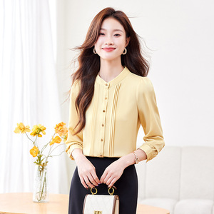 Women's Yellow Chiffon Blouse Long Sleeve <b>Button</b> Front Office Wear Solid Color Polyester Top - Product Image 3