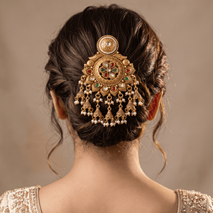 Broche de cheveux de mariée plaquée or avec perles, pierres multicolores et accessoire de chignon traditionnel indien orné pour femmes - Product Image 1